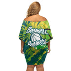 Australian Boomers Basketball Off Shoulder Short Dress Shattered Glass Effect With Flaming Ball And Grunge Brushstrokes