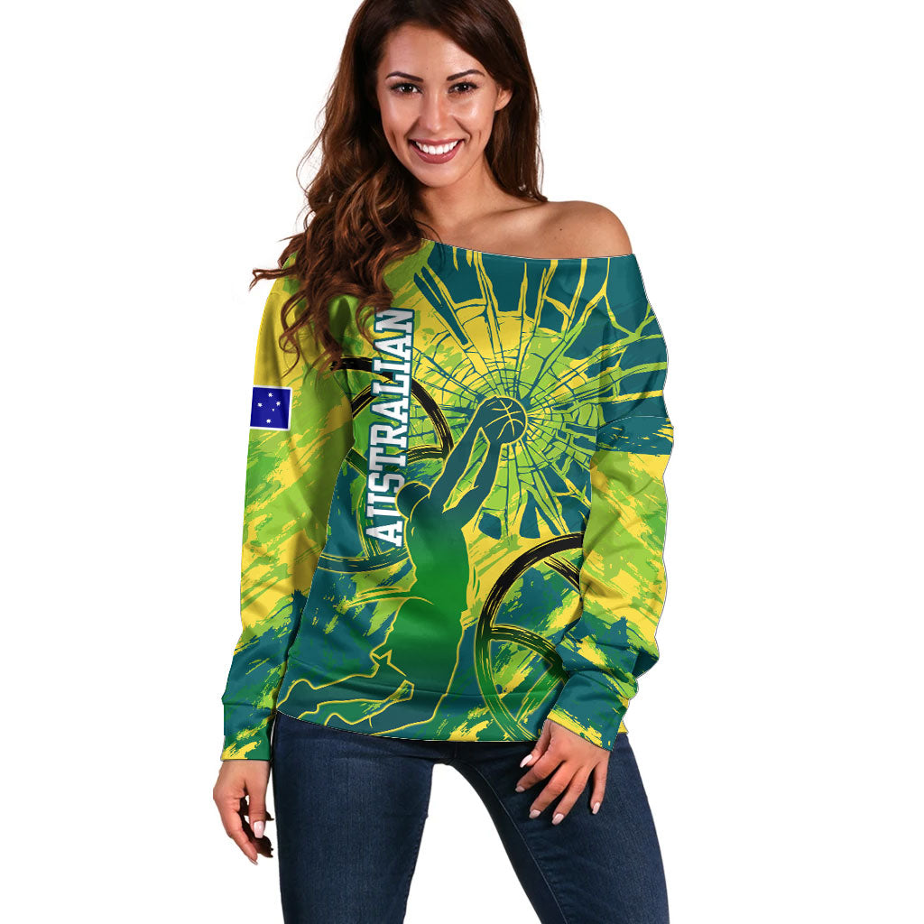 Australian Boomers Basketball Off Shoulder Sweater Shattered Glass Effect With Flaming Ball And Grunge Brushstrokes