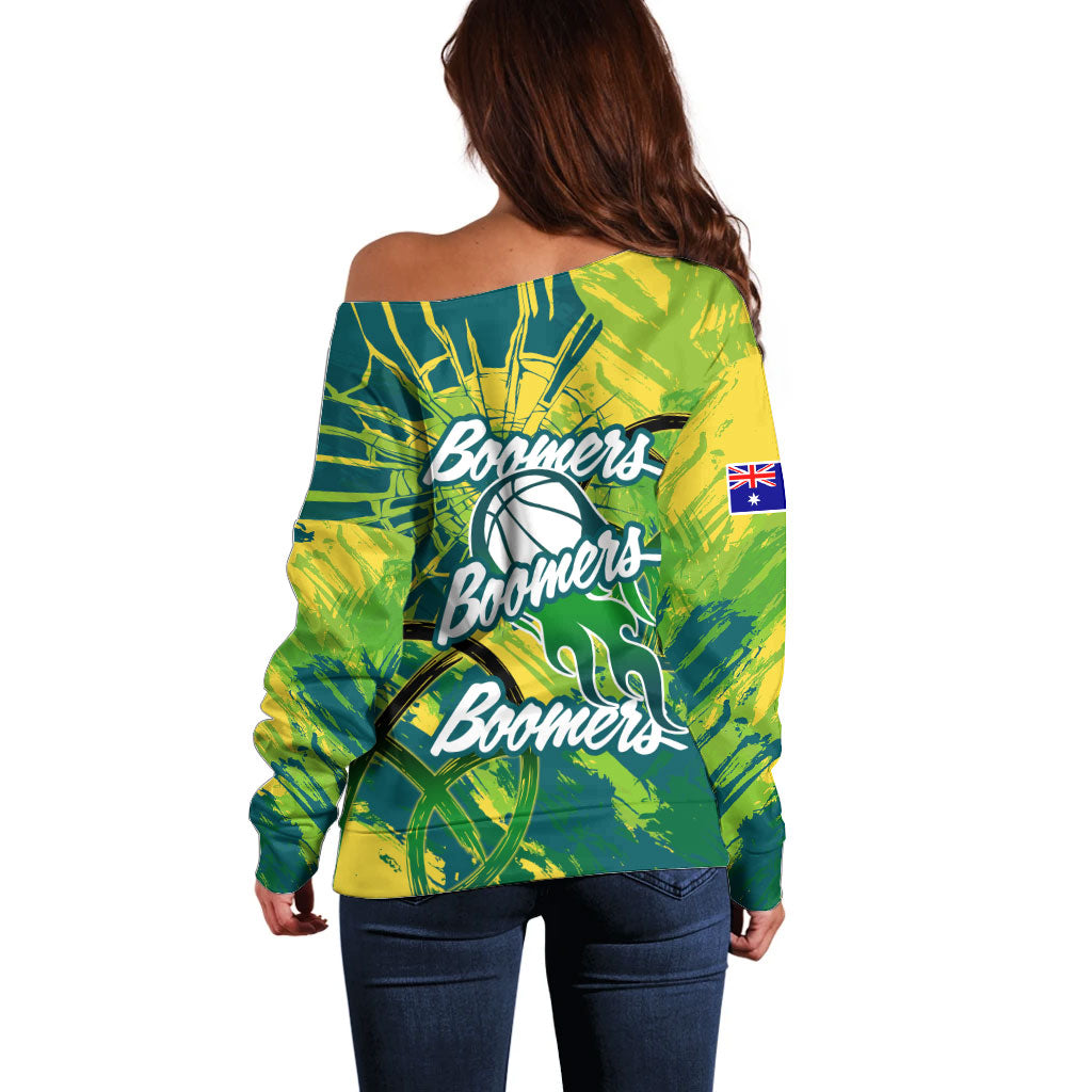 Australian Boomers Basketball Off Shoulder Sweater Shattered Glass Effect With Flaming Ball And Grunge Brushstrokes