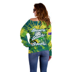 Australian Boomers Basketball Off Shoulder Sweater Shattered Glass Effect With Flaming Ball And Grunge Brushstrokes