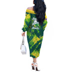 Australian Boomers Basketball Off The Shoulder Long Sleeve Dress Shattered Glass Effect With Flaming Ball And Grunge Brushstrokes