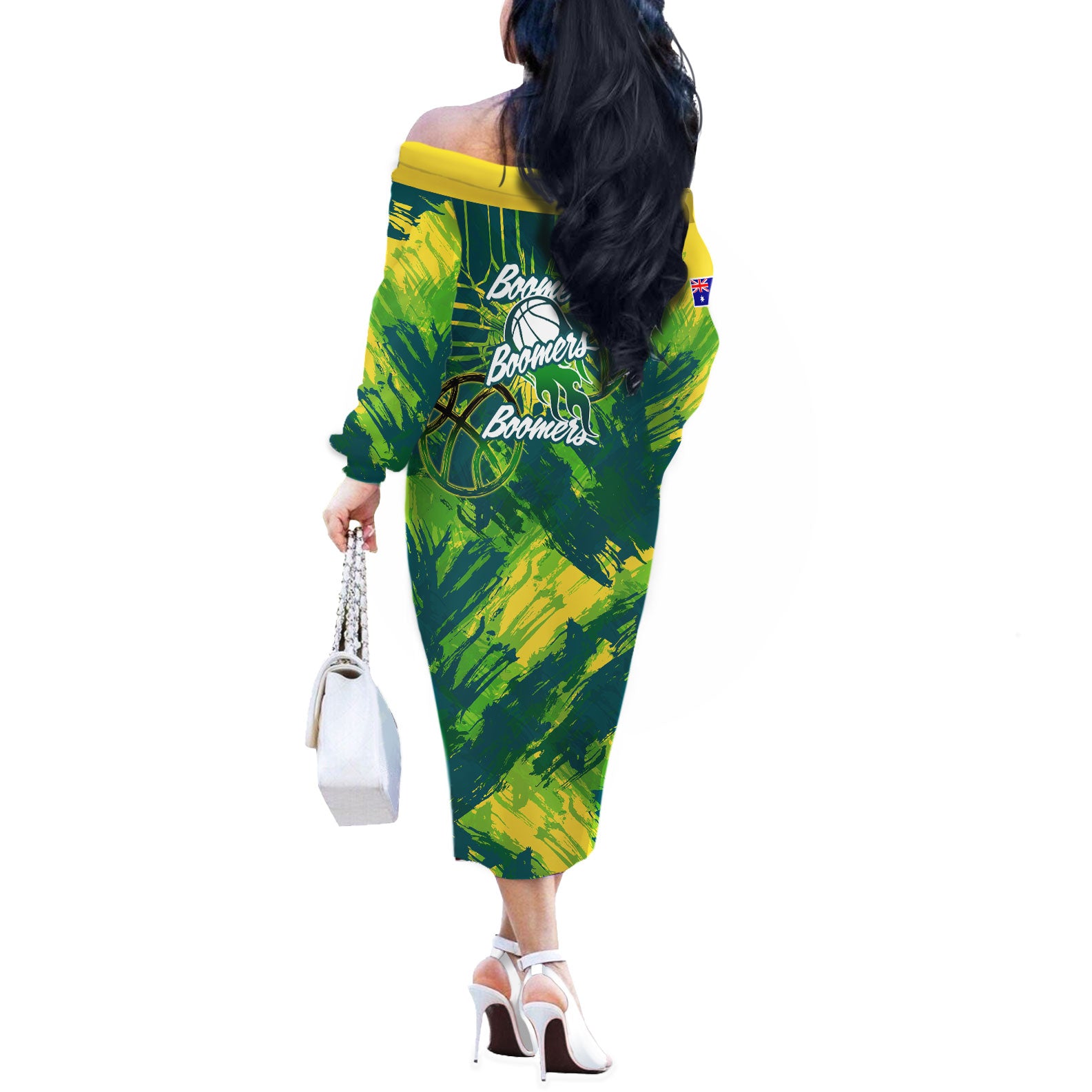 Australian Boomers Basketball Off The Shoulder Long Sleeve Dress Shattered Glass Effect With Flaming Ball And Grunge Brushstrokes