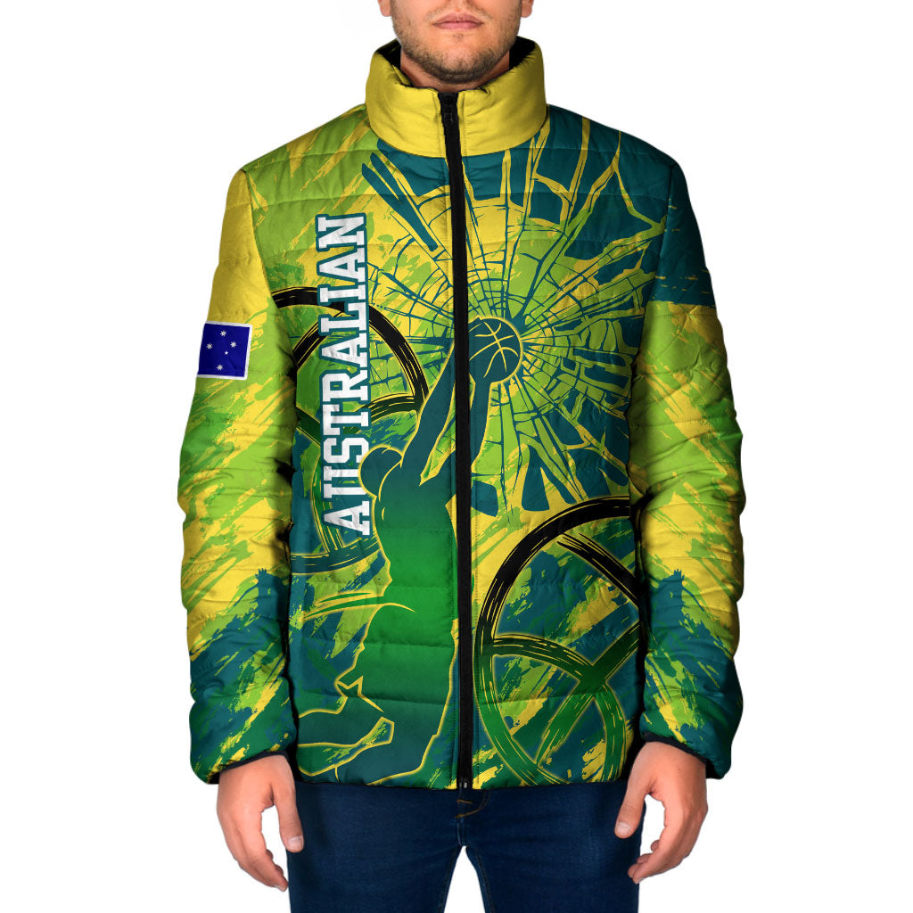 Australian Boomers Basketball Padded Jacket Shattered Glass Effect With Flaming Ball And Grunge Brushstrokes