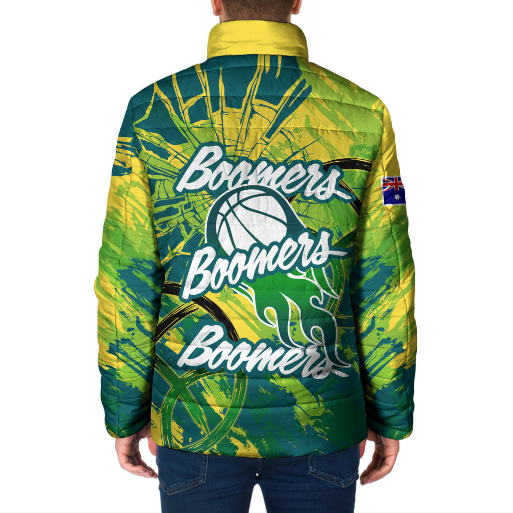 Australian Boomers Basketball Padded Jacket Shattered Glass Effect With Flaming Ball And Grunge Brushstrokes