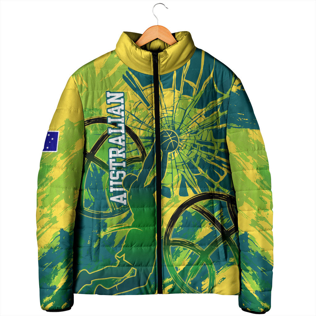 Australian Boomers Basketball Padded Jacket Shattered Glass Effect With Flaming Ball And Grunge Brushstrokes