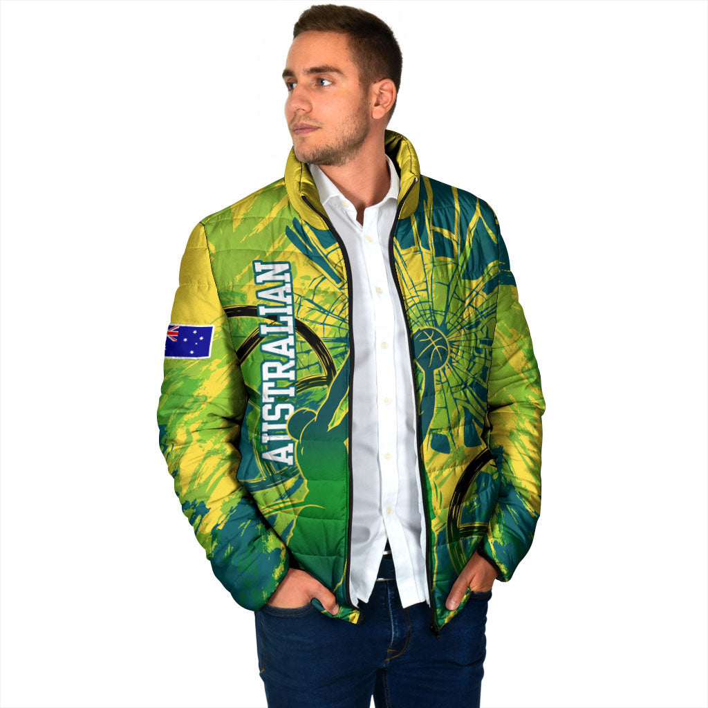 Australian Boomers Basketball Padded Jacket Shattered Glass Effect With Flaming Ball And Grunge Brushstrokes