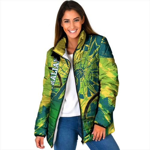 Australian Boomers Basketball Padded Jacket Shattered Glass Effect With Flaming Ball And Grunge Brushstrokes