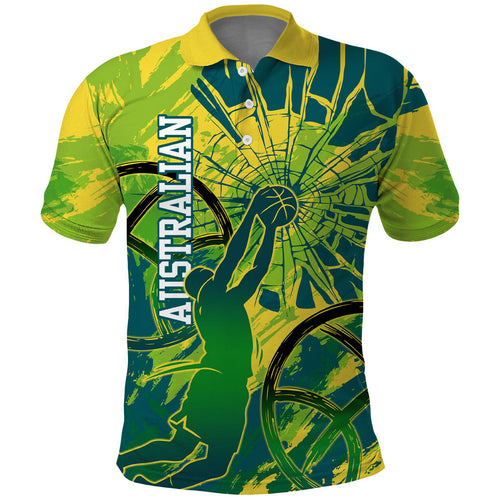 Australian Boomers Basketball Polo Shirt Shattered Glass Effect With Flaming Ball And Grunge Brushstrokes