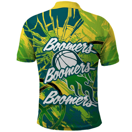 Australian Boomers Basketball Polo Shirt Shattered Glass Effect With Flaming Ball And Grunge Brushstrokes