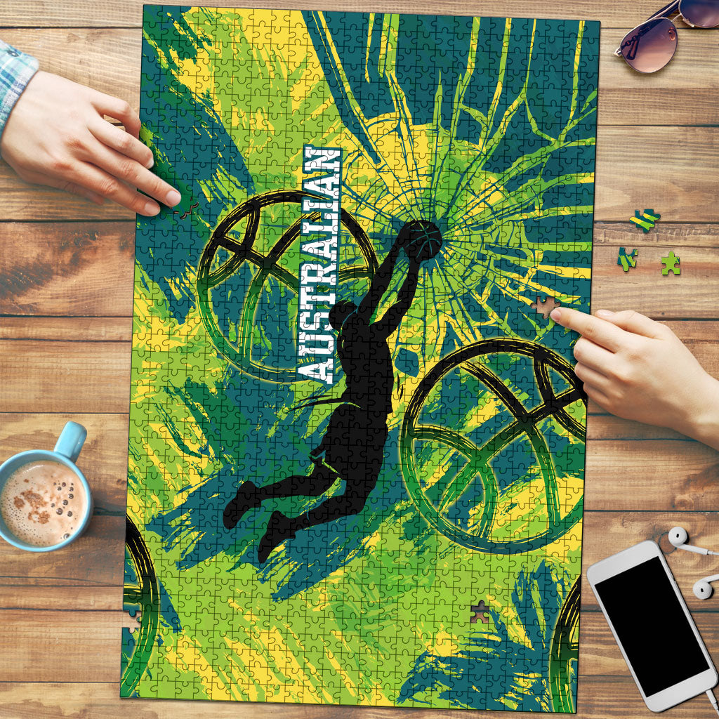 Australian Boomers Basketball Puzzle Shattered Glass Effect With Flaming Ball And Grunge Brushstrokes