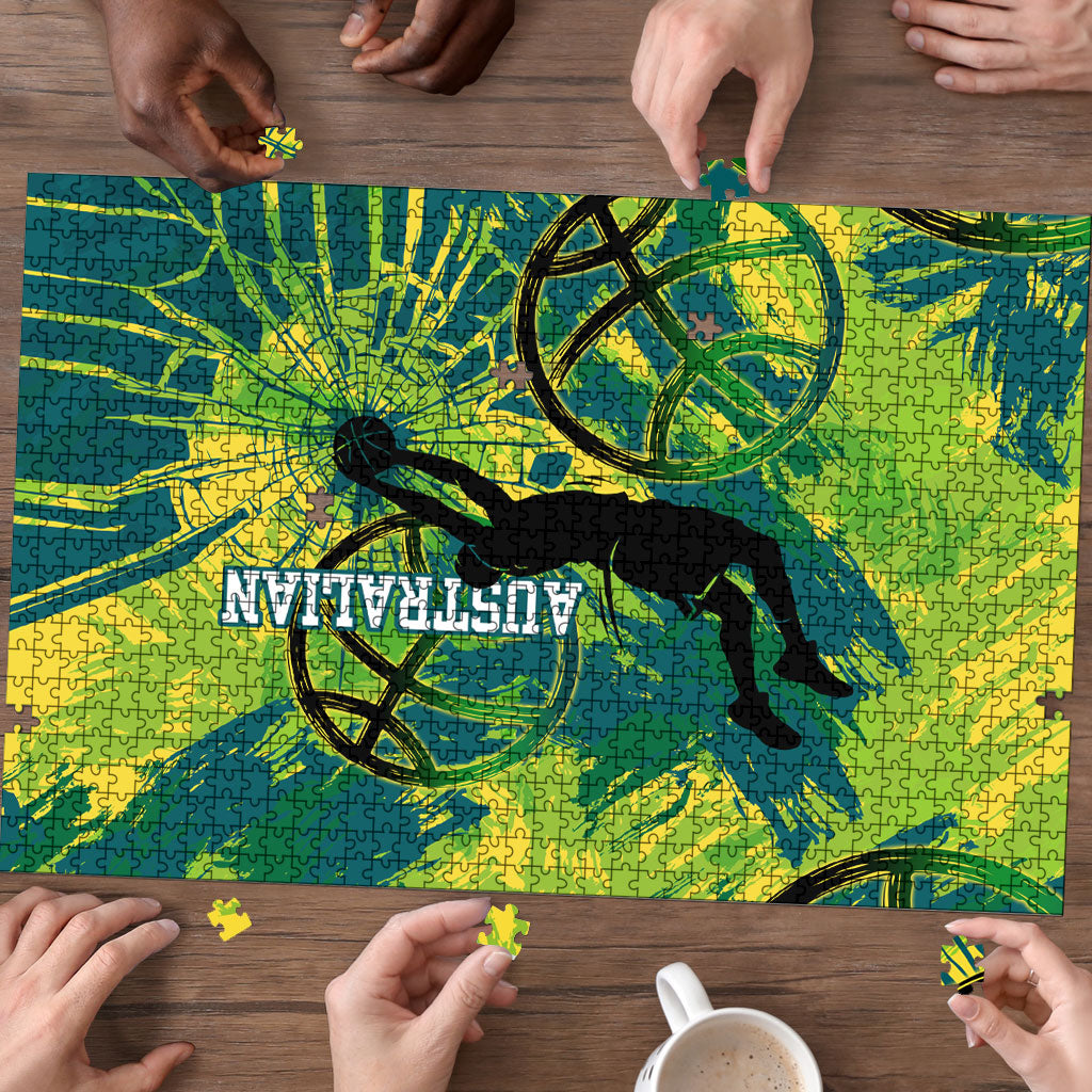 Australian Boomers Basketball Puzzle Shattered Glass Effect With Flaming Ball And Grunge Brushstrokes