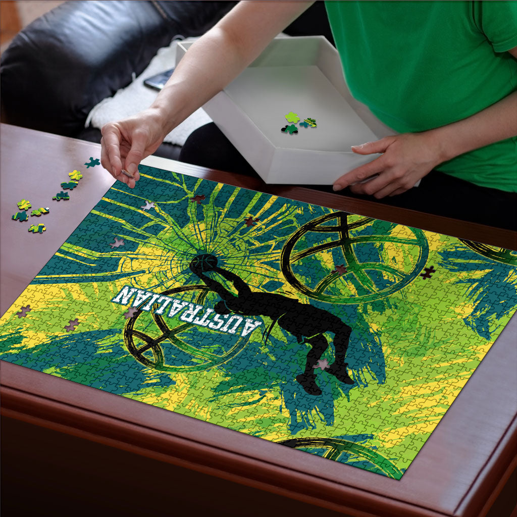 Australian Boomers Basketball Puzzle Shattered Glass Effect With Flaming Ball And Grunge Brushstrokes