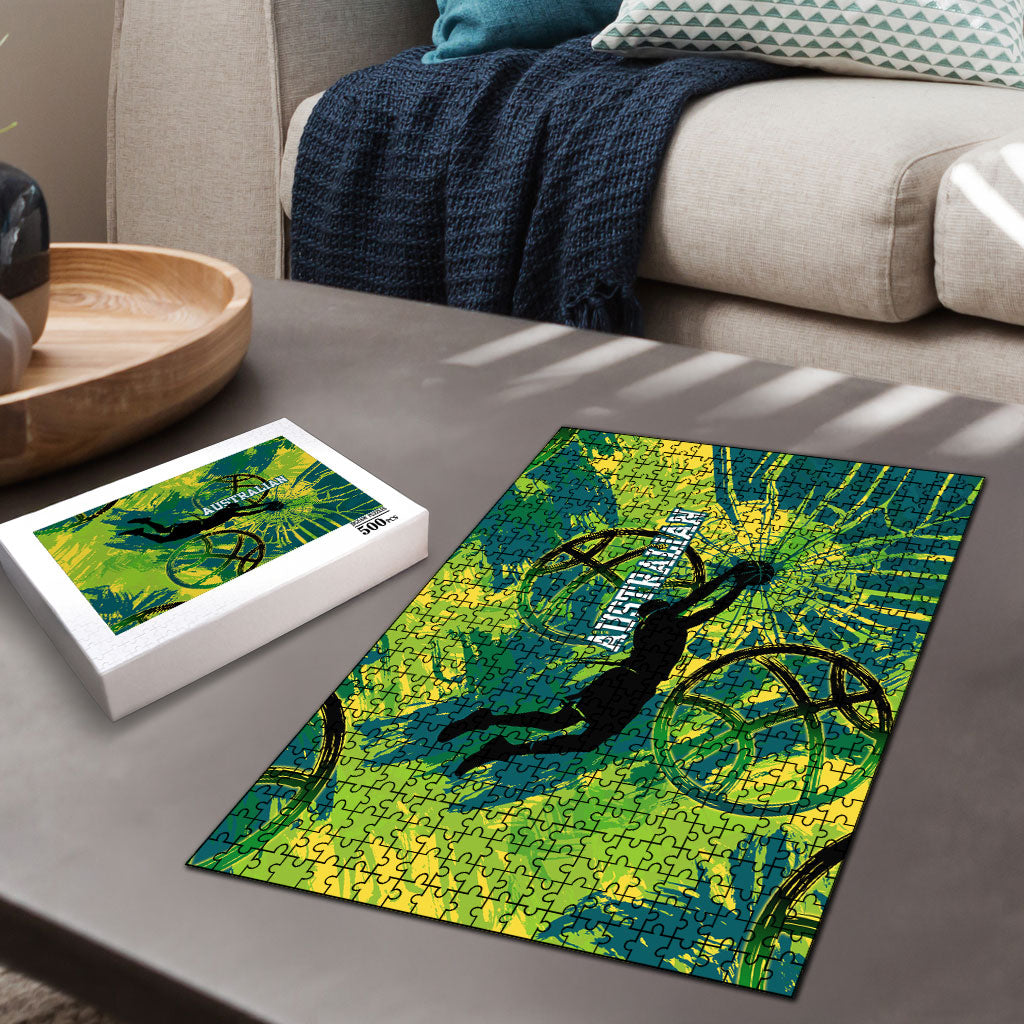 Australian Boomers Basketball Puzzle Shattered Glass Effect With Flaming Ball And Grunge Brushstrokes