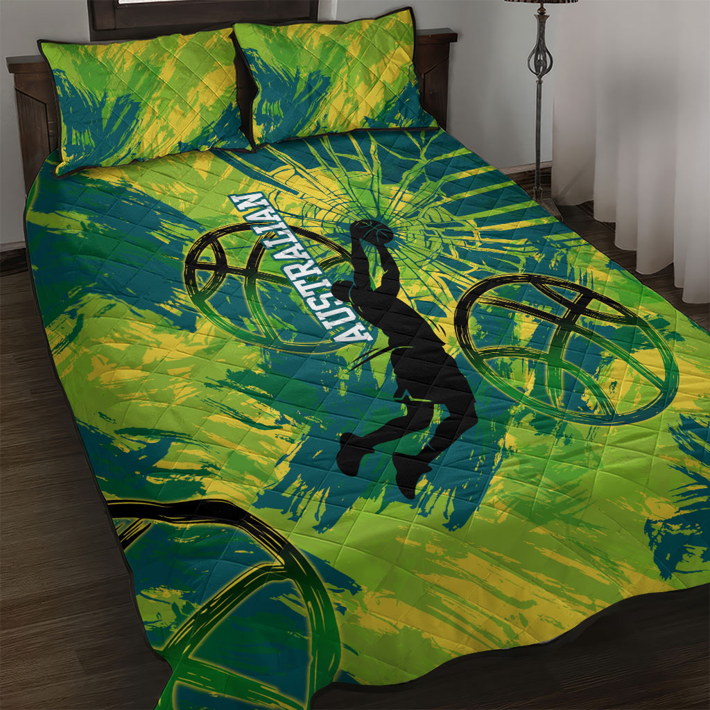 Australian Boomers Basketball Quilt Bed Set Shattered Glass Effect With Flaming Ball And Grunge Brushstrokes