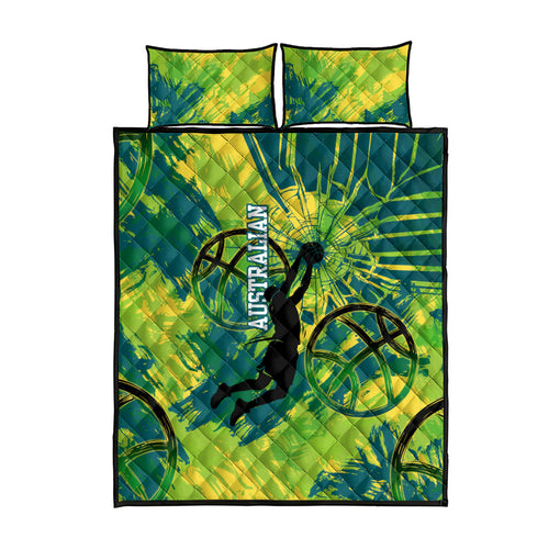 Australian Boomers Basketball Quilt Bed Set Shattered Glass Effect With Flaming Ball And Grunge Brushstrokes