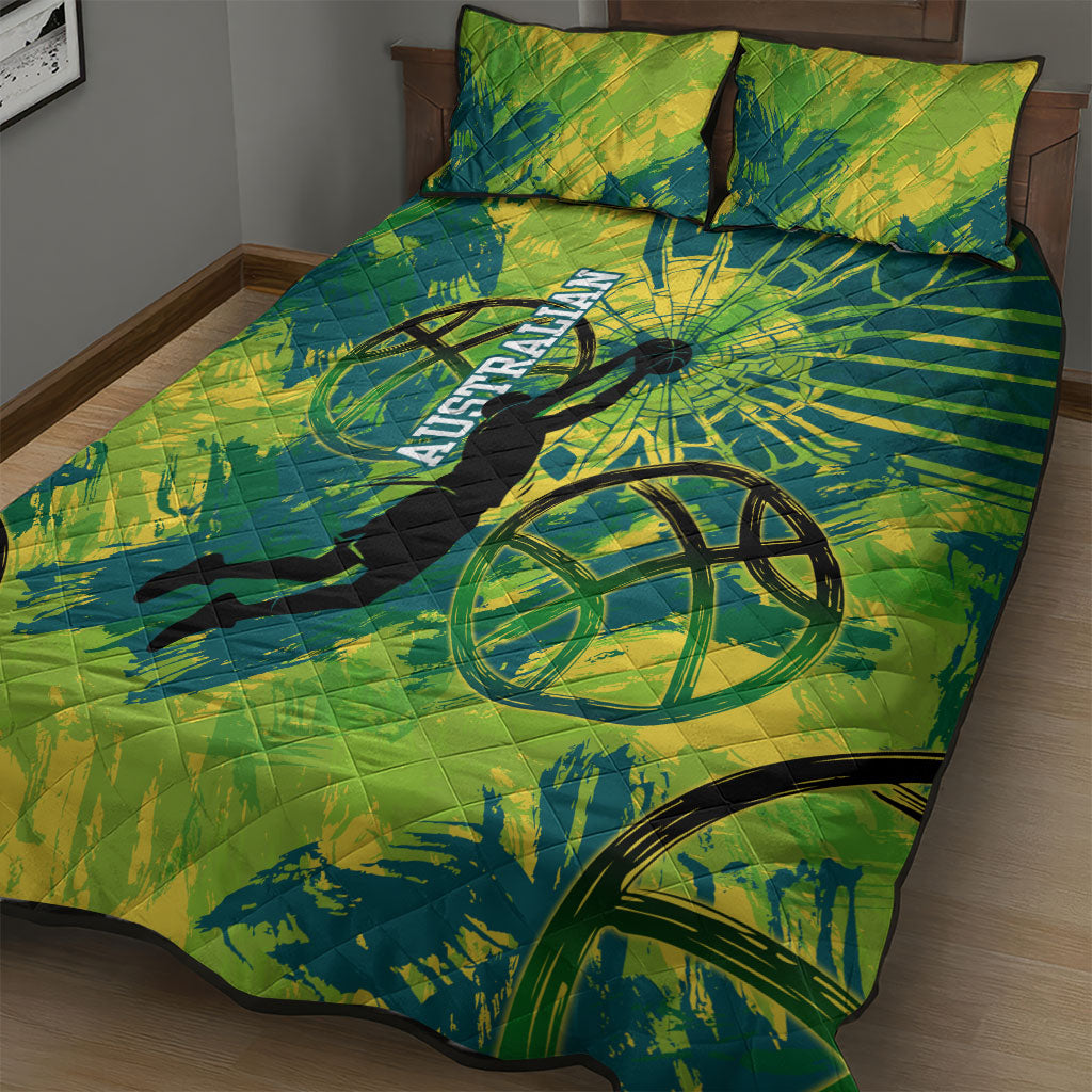 Australian Boomers Basketball Quilt Bed Set Shattered Glass Effect With Flaming Ball And Grunge Brushstrokes