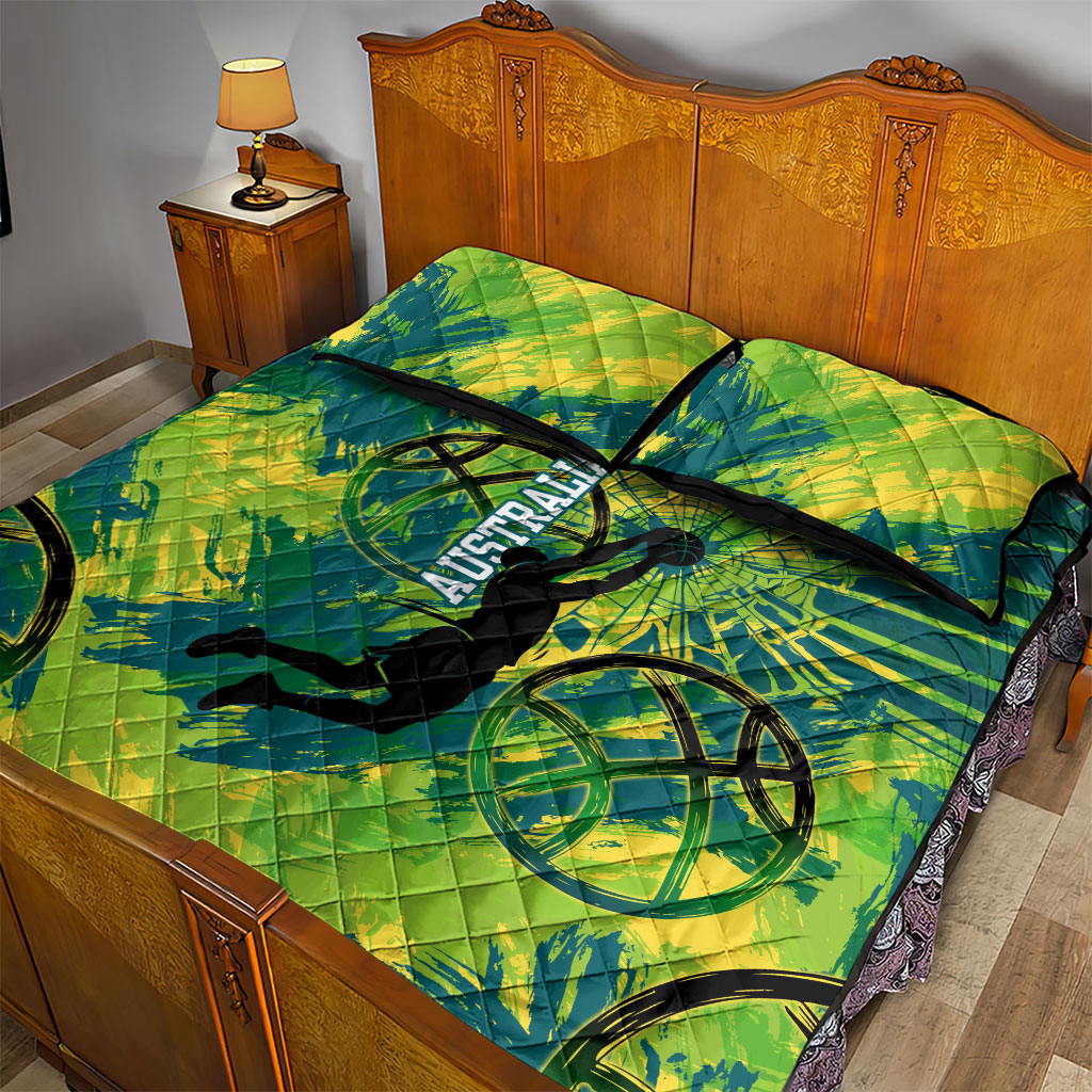 Australian Boomers Basketball Quilt Bed Set Shattered Glass Effect With Flaming Ball And Grunge Brushstrokes