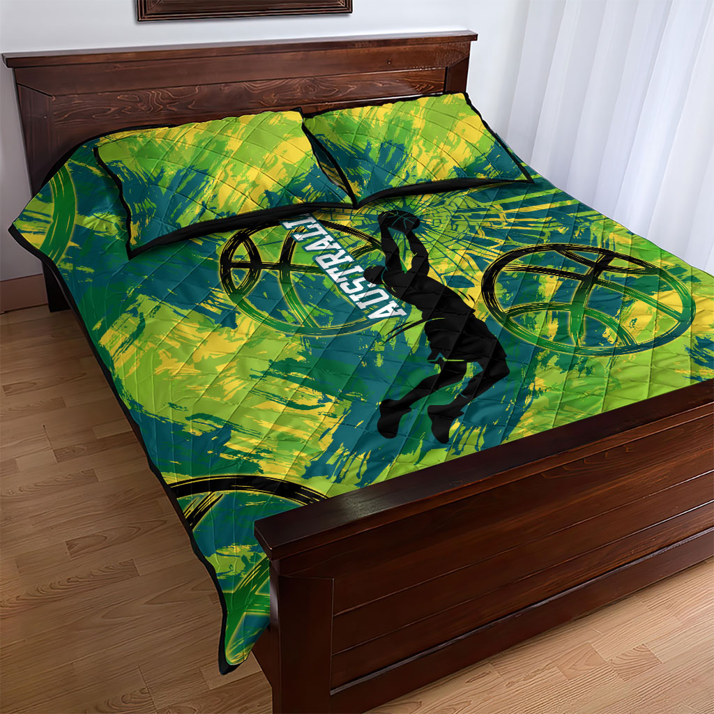 Australian Boomers Basketball Quilt Bed Set Shattered Glass Effect With Flaming Ball And Grunge Brushstrokes