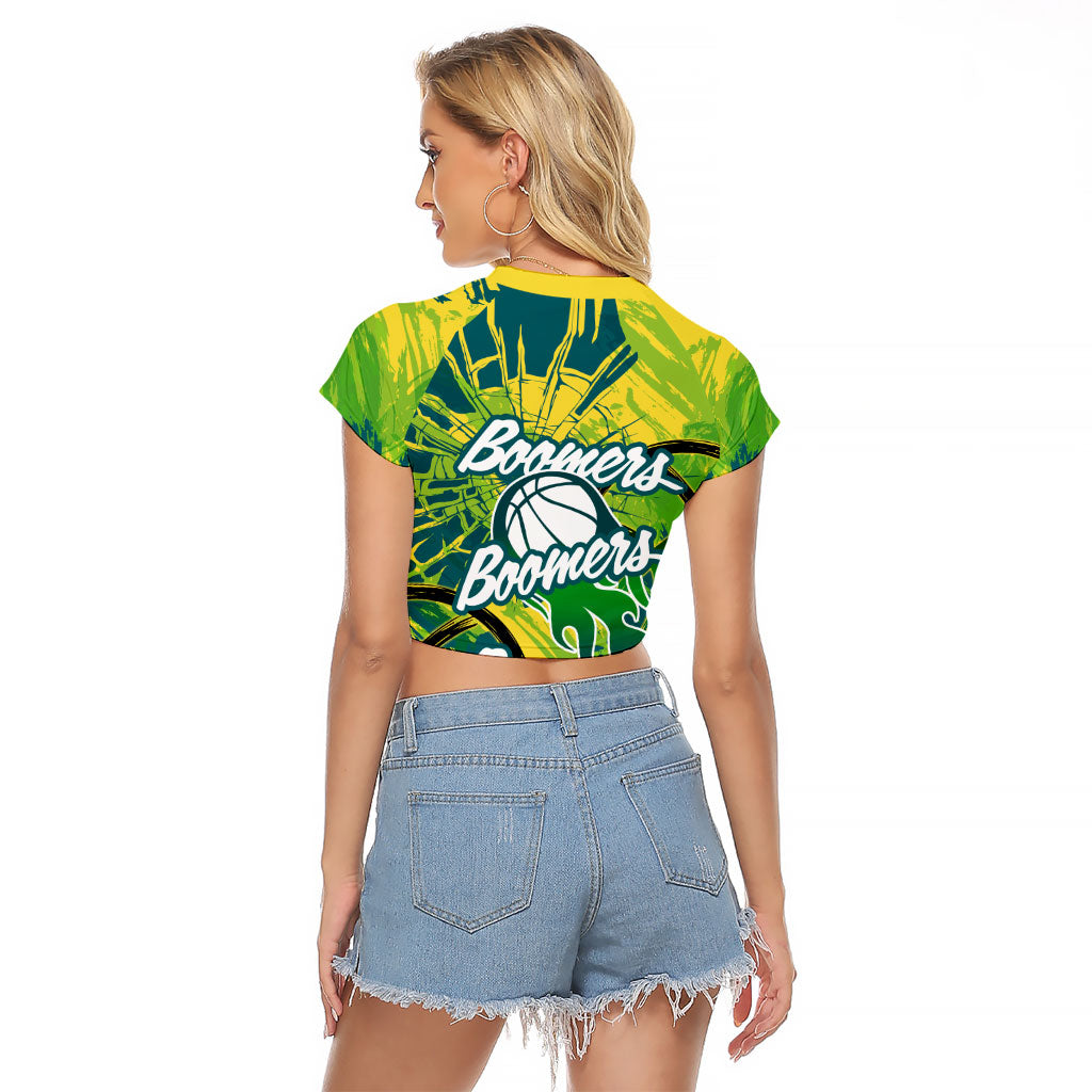 Australian Boomers Basketball Raglan Cropped T Shirt Shattered Glass Effect With Flaming Ball And Grunge Brushstrokes