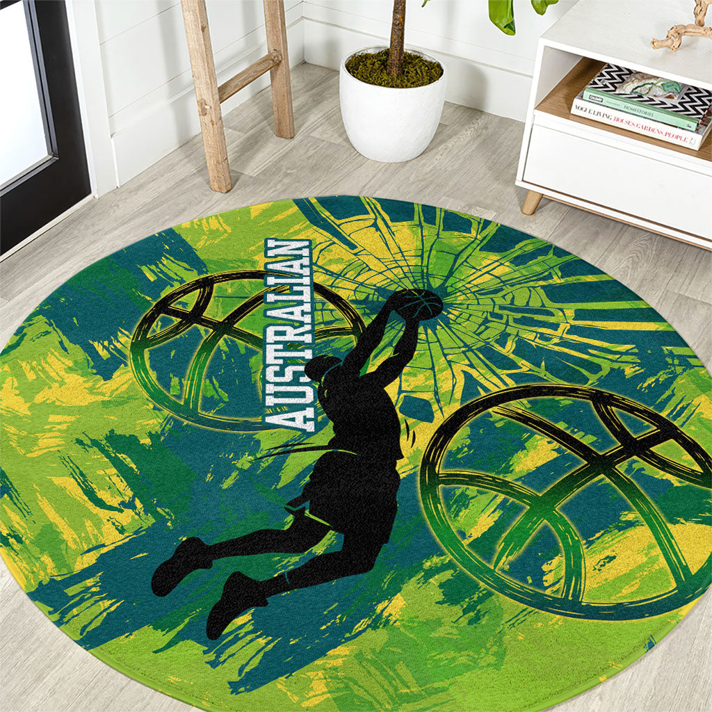 Australian Boomers Basketball Round Carpet Shattered Glass Effect With Flaming Ball And Grunge Brushstrokes