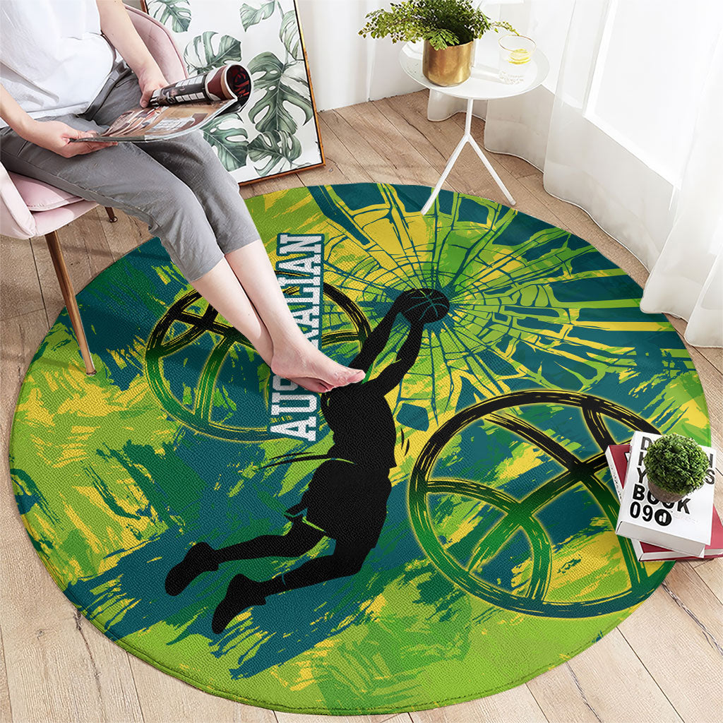 Australian Boomers Basketball Round Carpet Shattered Glass Effect With Flaming Ball And Grunge Brushstrokes