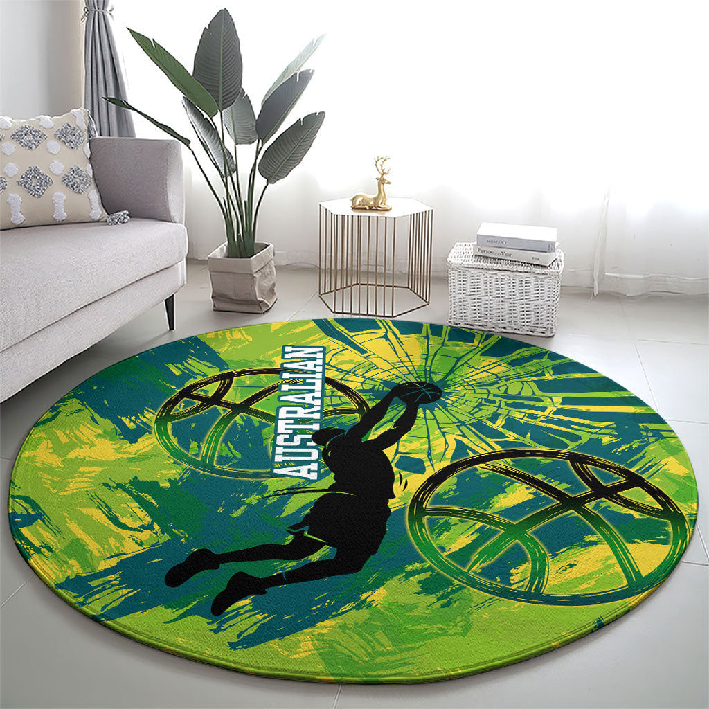 Australian Boomers Basketball Round Carpet Shattered Glass Effect With Flaming Ball And Grunge Brushstrokes