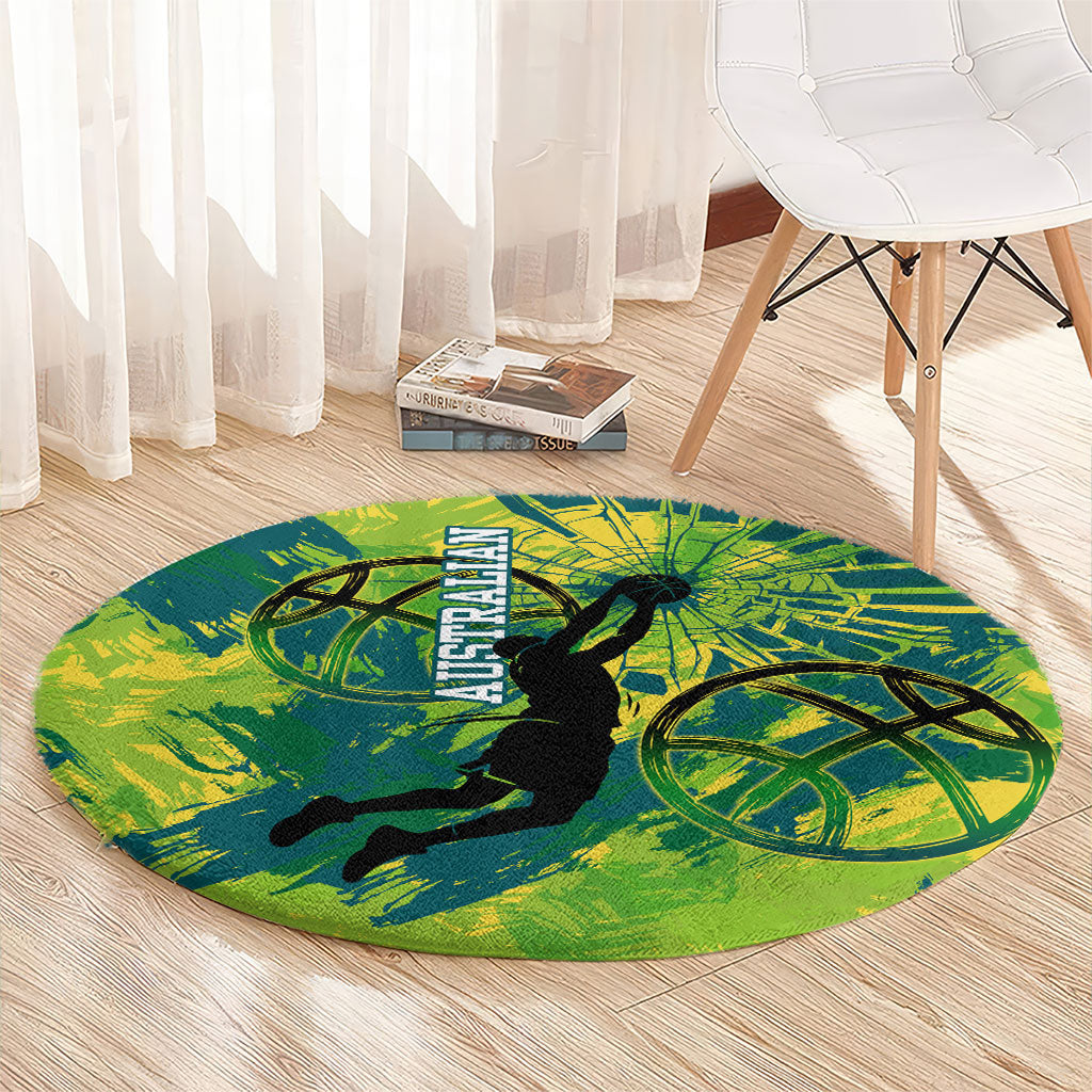 Australian Boomers Basketball Round Carpet Shattered Glass Effect With Flaming Ball And Grunge Brushstrokes