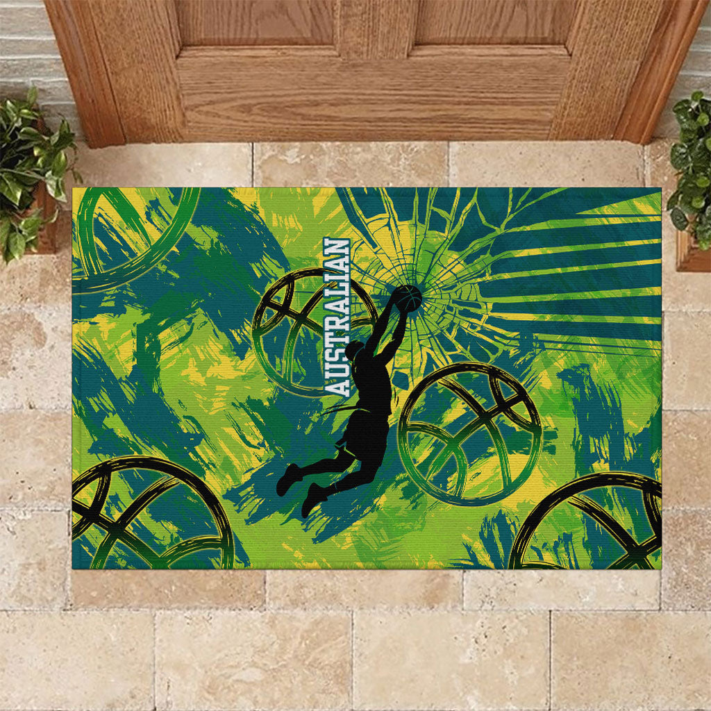 Australian Boomers Basketball Rubber Doormat Shattered Glass Effect With Flaming Ball And Grunge Brushstrokes