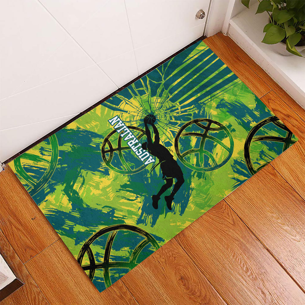Australian Boomers Basketball Rubber Doormat Shattered Glass Effect With Flaming Ball And Grunge Brushstrokes