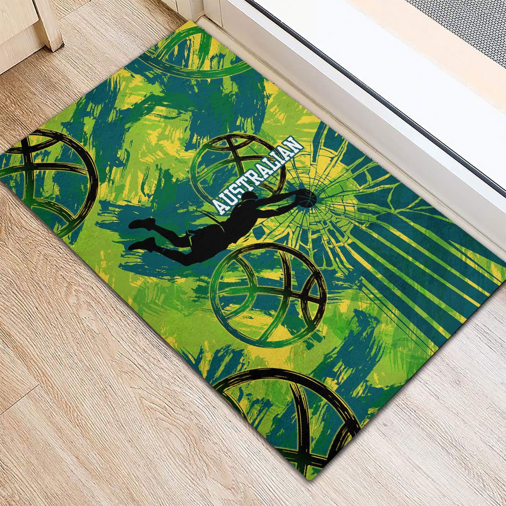 Australian Boomers Basketball Rubber Doormat Shattered Glass Effect With Flaming Ball And Grunge Brushstrokes