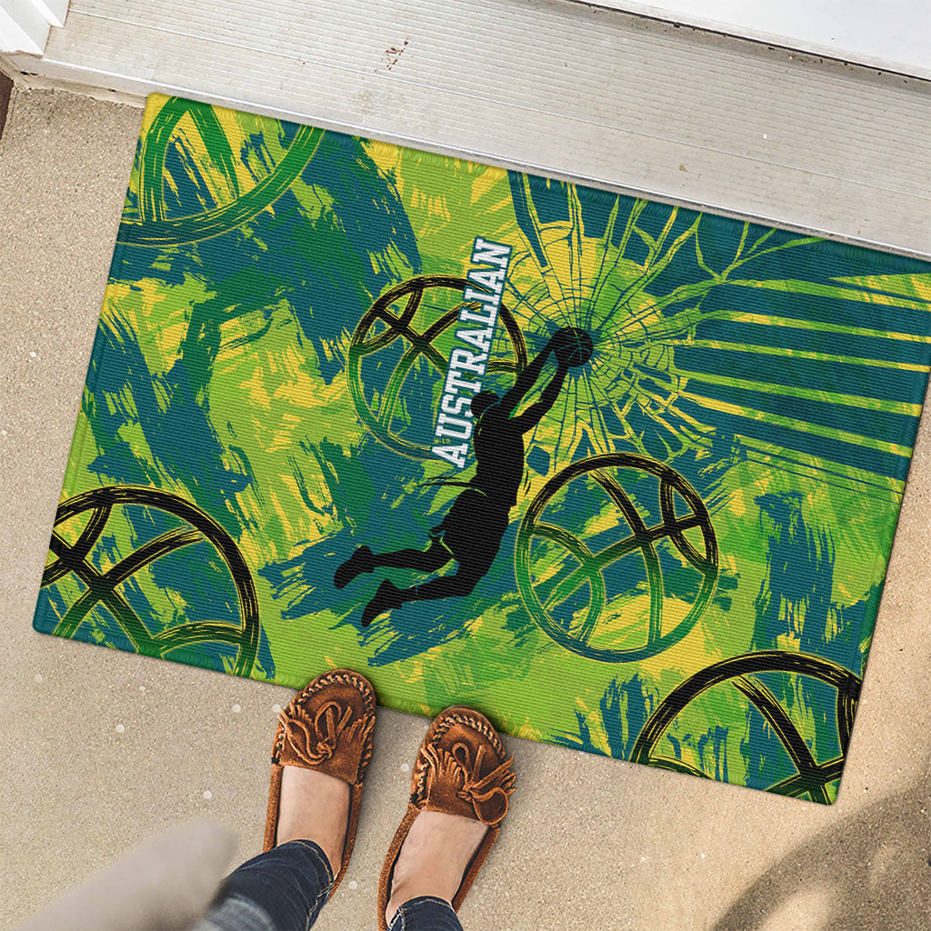 Australian Boomers Basketball Rubber Doormat Shattered Glass Effect With Flaming Ball And Grunge Brushstrokes