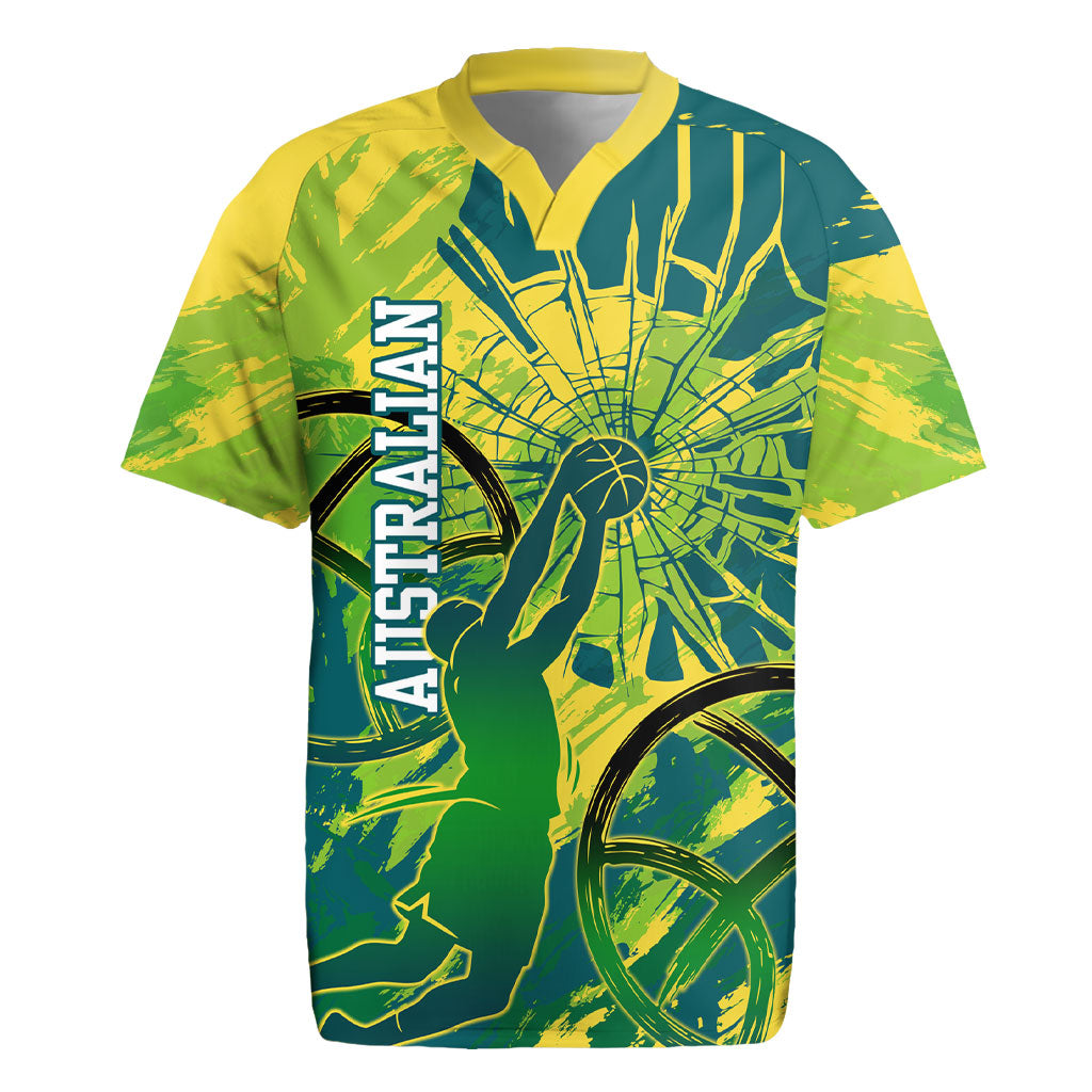 Australian Boomers Basketball Rugby Jersey Shattered Glass Effect With Flaming Ball And Grunge Brushstrokes