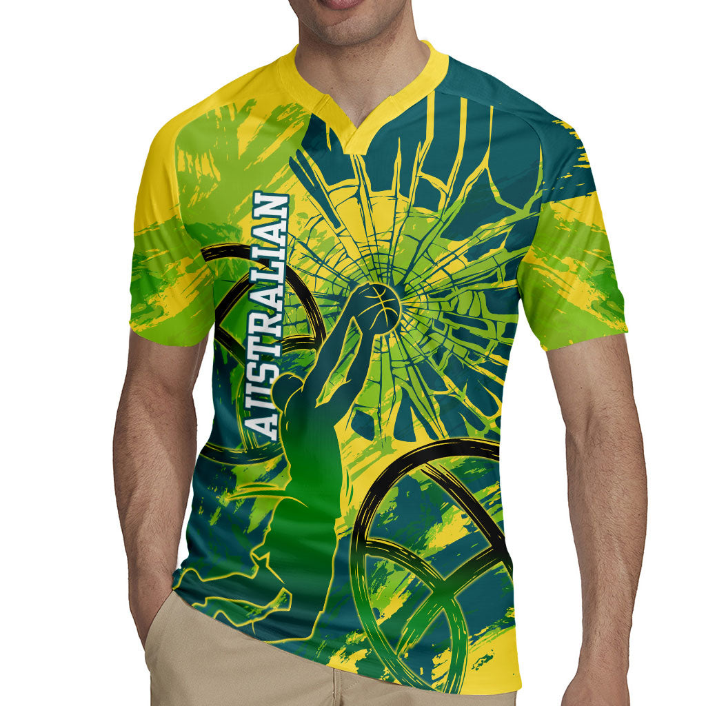 Australian Boomers Basketball Rugby Jersey Shattered Glass Effect With Flaming Ball And Grunge Brushstrokes