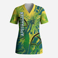 Australian Boomers Basketball Scrub Top Shattered Glass Effect With Flaming Ball And Grunge Brushstrokes