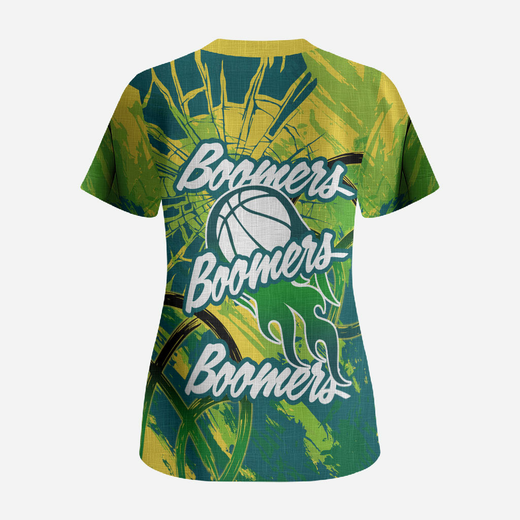Australian Boomers Basketball Scrub Top Shattered Glass Effect With Flaming Ball And Grunge Brushstrokes