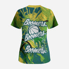 Australian Boomers Basketball Scrub Top Shattered Glass Effect With Flaming Ball And Grunge Brushstrokes