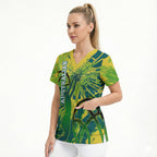 Australian Boomers Basketball Scrub Top Shattered Glass Effect With Flaming Ball And Grunge Brushstrokes