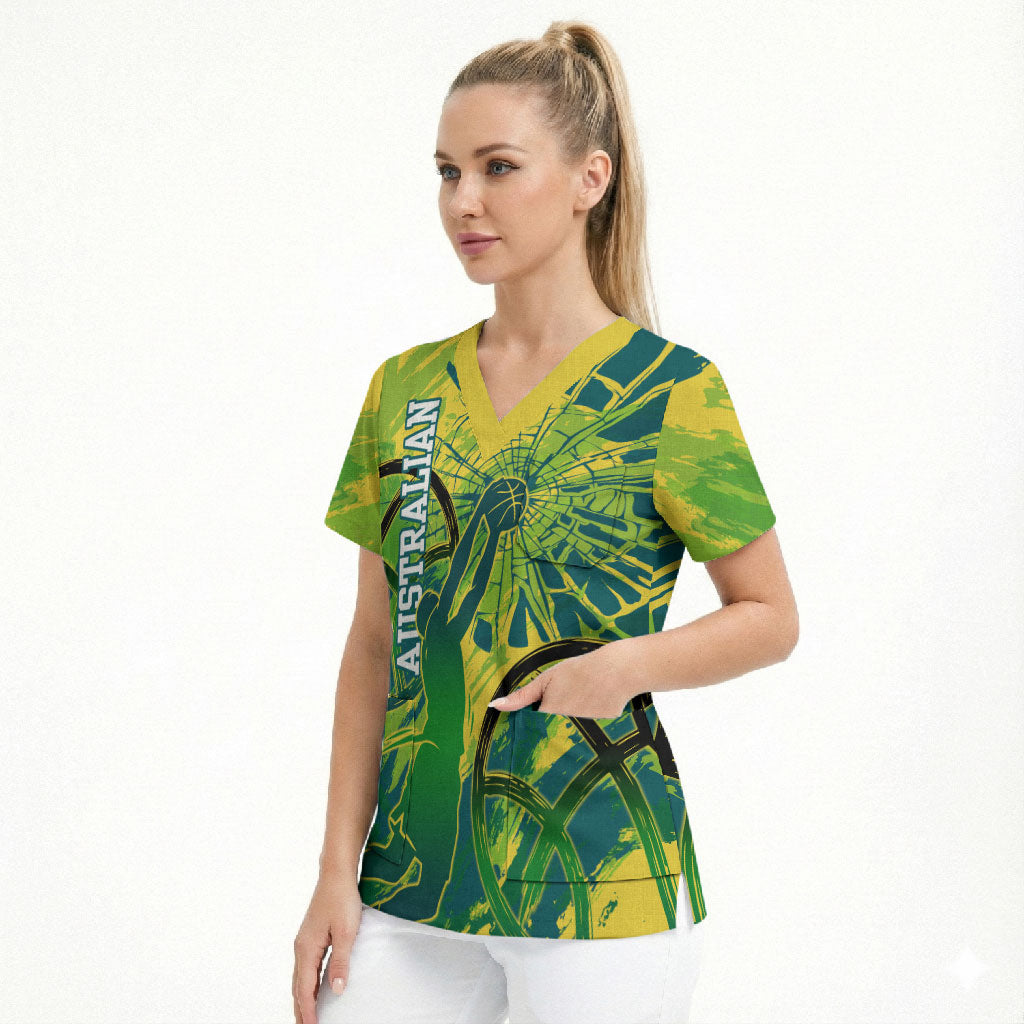 Australian Boomers Basketball Scrub Top Shattered Glass Effect With Flaming Ball And Grunge Brushstrokes
