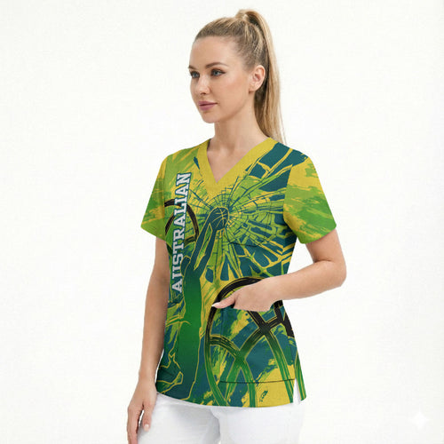 Australian Boomers Basketball Scrub Top Shattered Glass Effect With Flaming Ball And Grunge Brushstrokes
