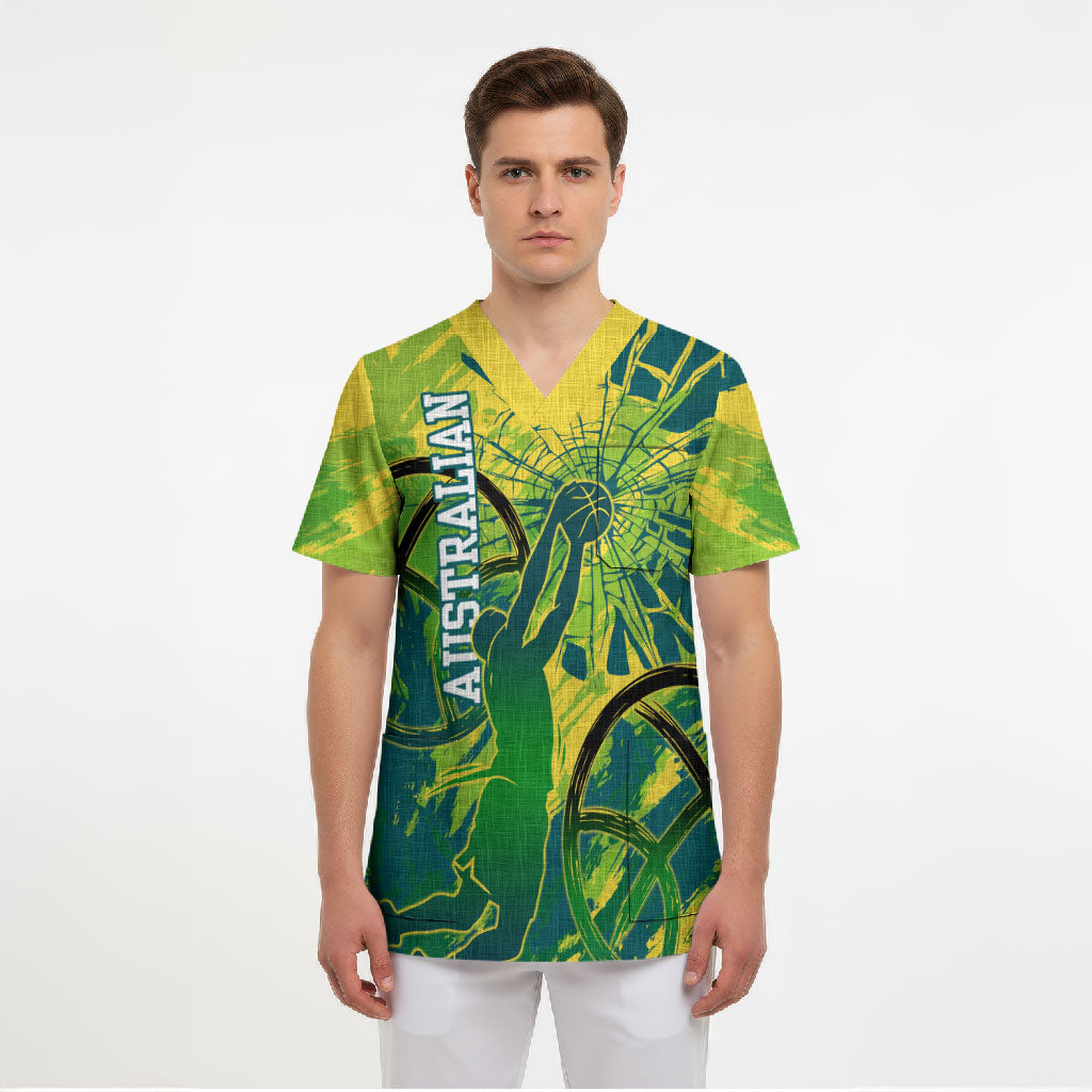 Australian Boomers Basketball Scrub Top Shattered Glass Effect With Flaming Ball And Grunge Brushstrokes