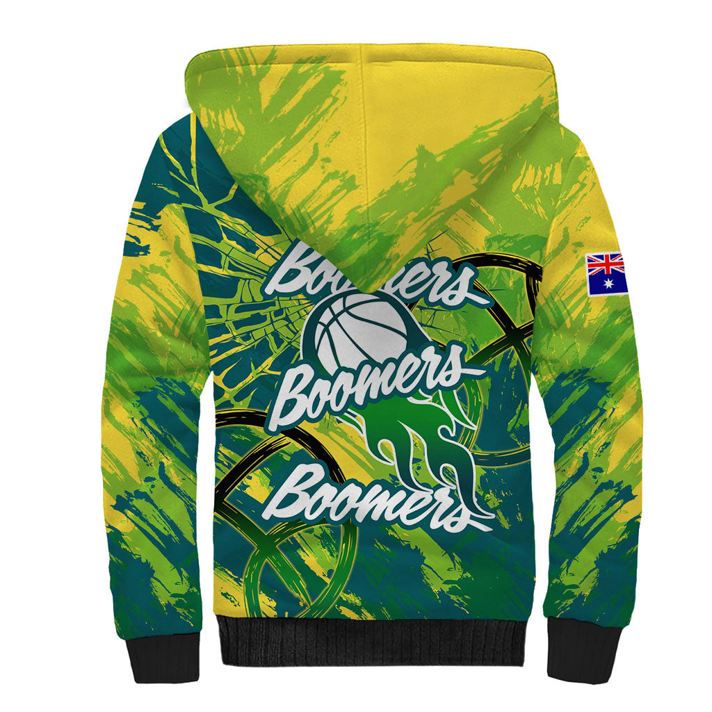 Australian Boomers Basketball Sherpa Hoodie Shattered Glass Effect With Flaming Ball And Grunge Brushstrokes