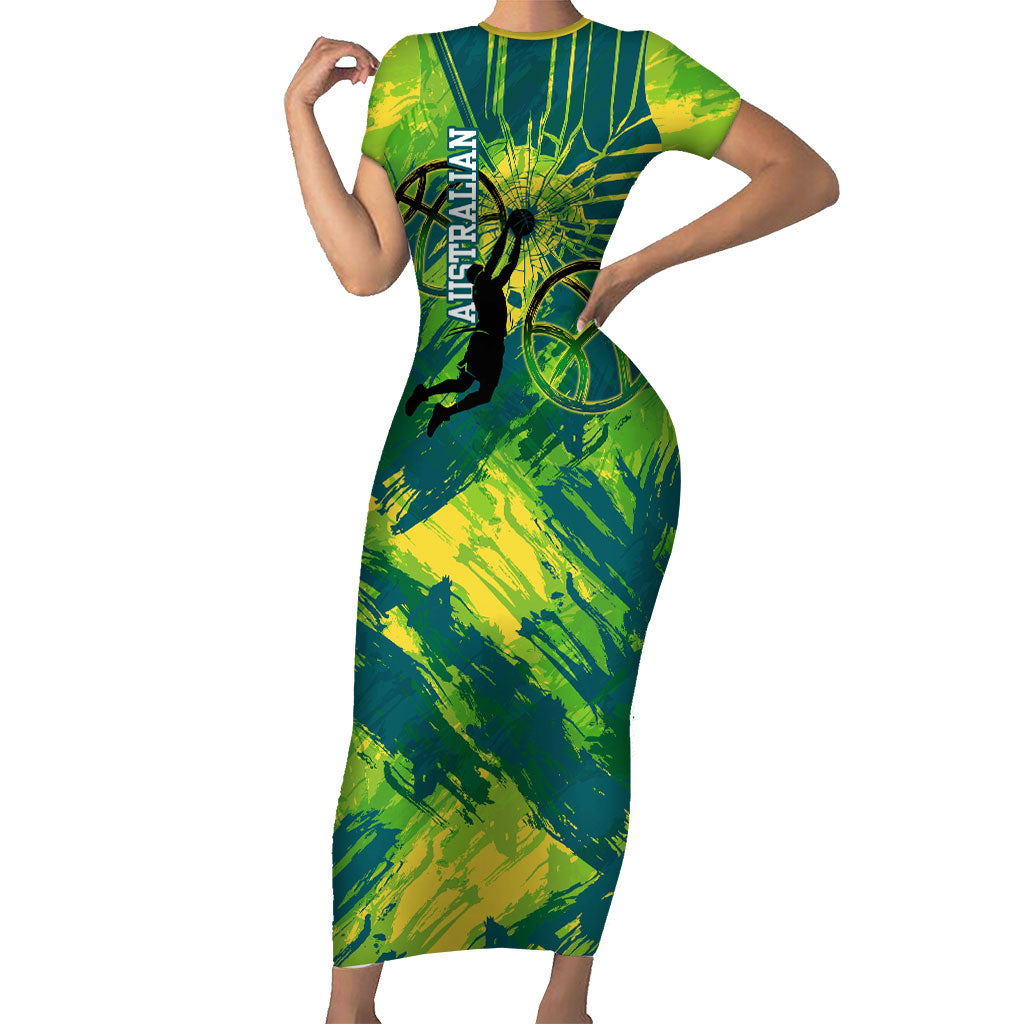 Australian Boomers Basketball Short Sleeve Bodycon Dress Shattered Glass Effect With Flaming Ball And Grunge Brushstrokes