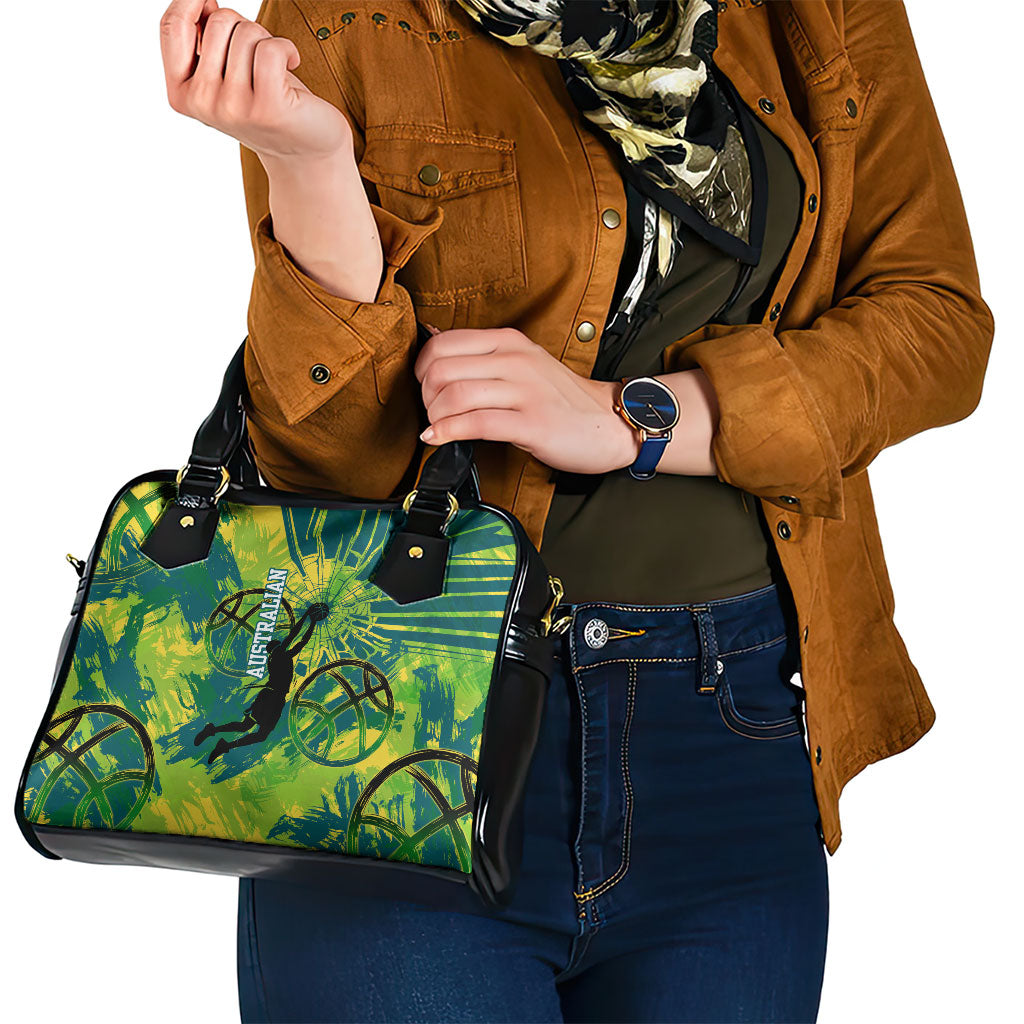 Australian Boomers Basketball Shoulder Handbag Shattered Glass Effect With Flaming Ball And Grunge Brushstrokes