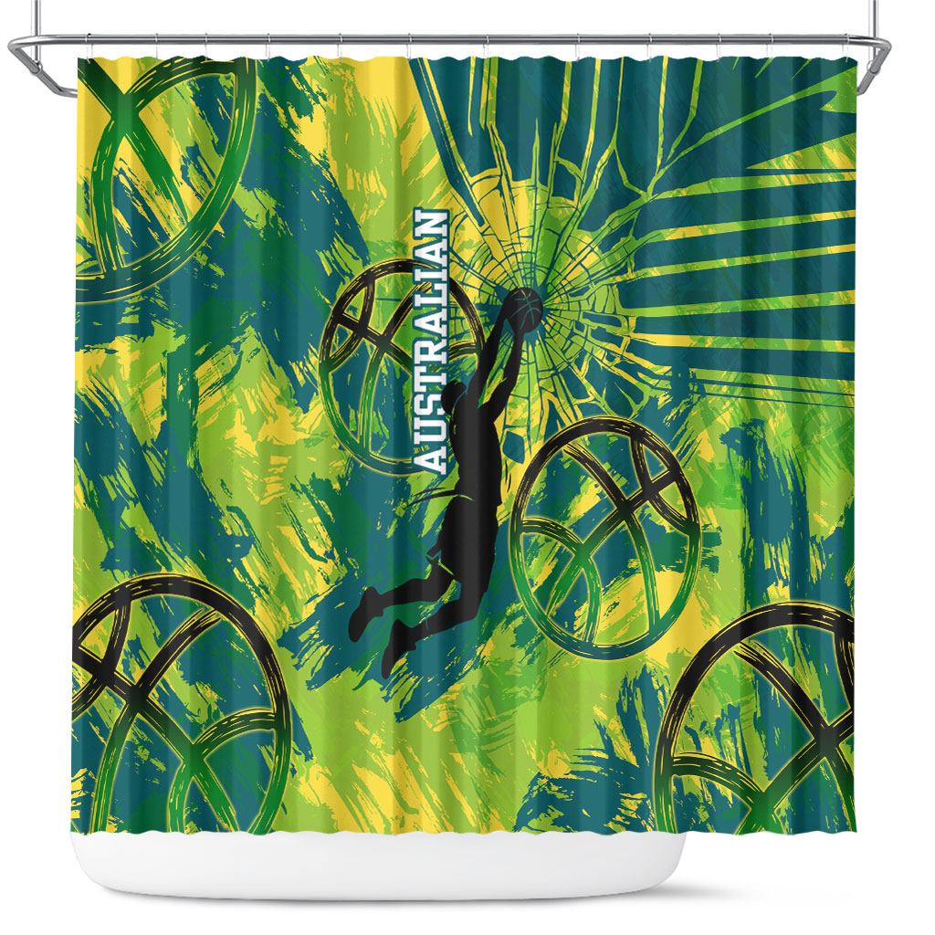 Australian Boomers Basketball Shower Curtain Shattered Glass Effect With Flaming Ball And Grunge Brushstrokes