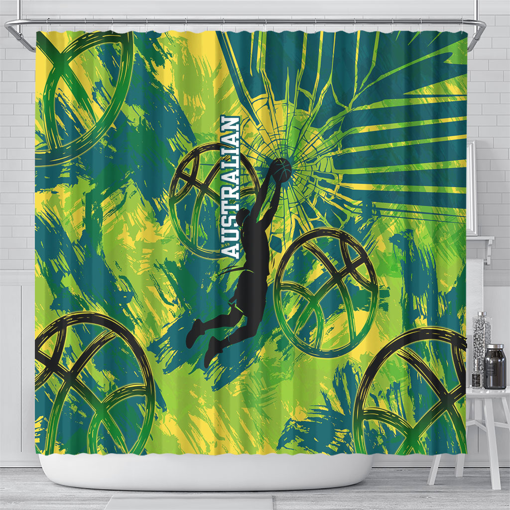 Australian Boomers Basketball Shower Curtain Shattered Glass Effect With Flaming Ball And Grunge Brushstrokes