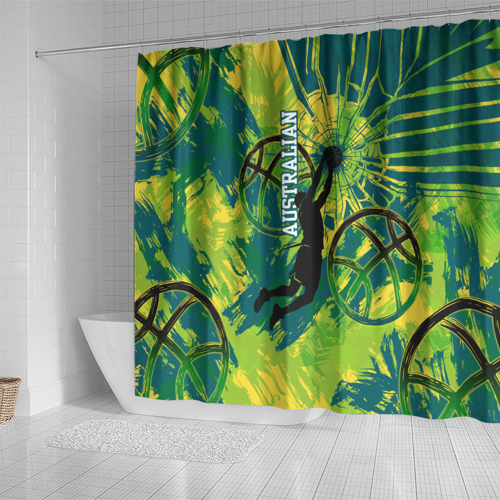 Australian Boomers Basketball Shower Curtain Shattered Glass Effect With Flaming Ball And Grunge Brushstrokes