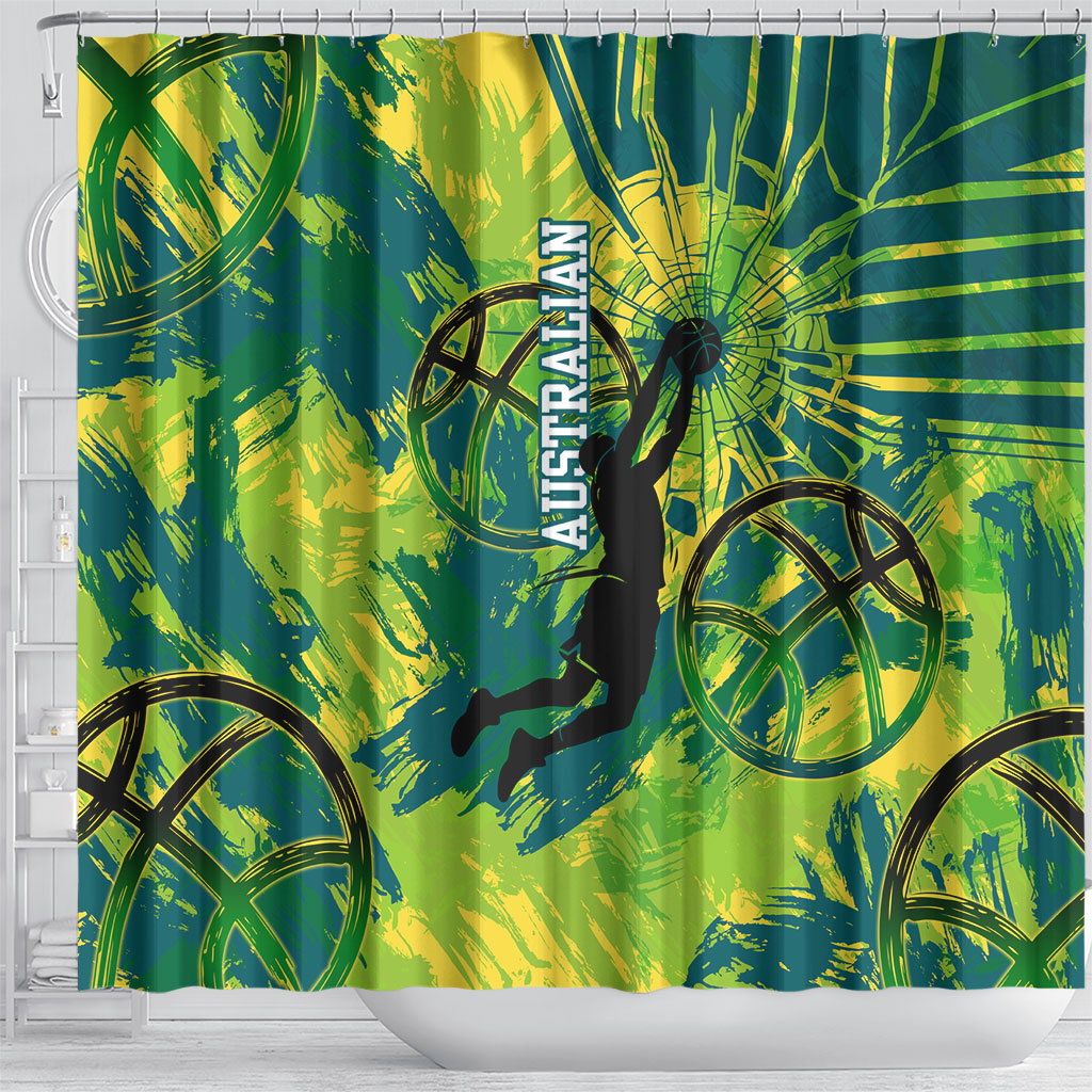 Australian Boomers Basketball Shower Curtain Shattered Glass Effect With Flaming Ball And Grunge Brushstrokes