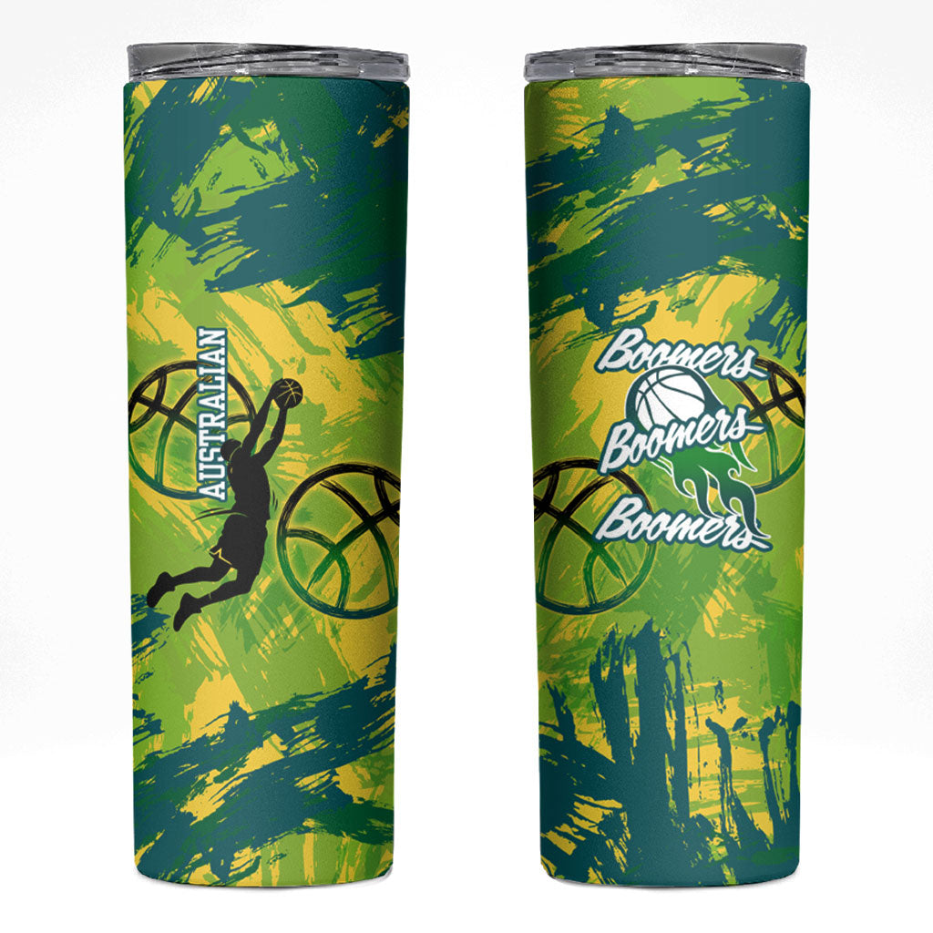 Australian Boomers Basketball Skinny Tumbler Shattered Glass Effect With Flaming Ball And Grunge Brushstrokes