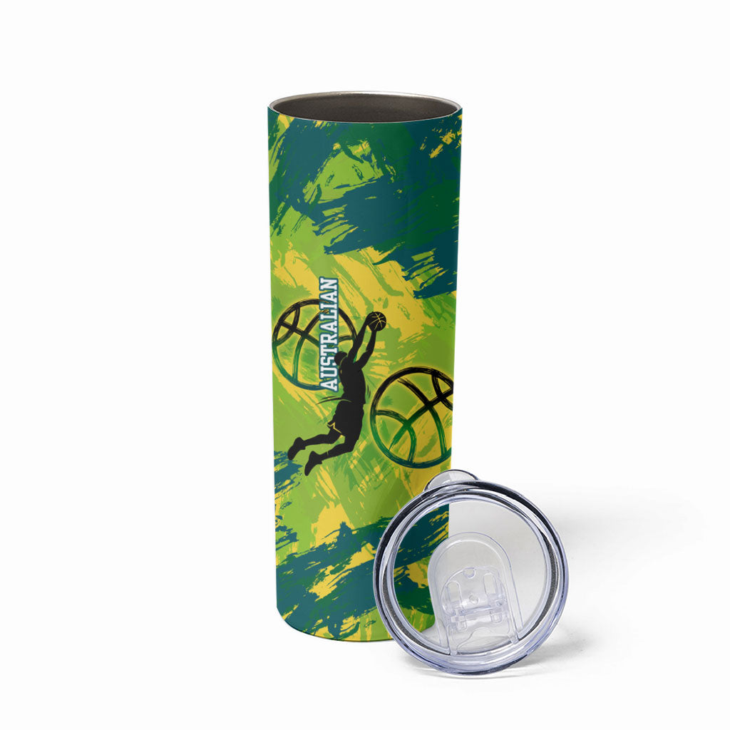 Australian Boomers Basketball Skinny Tumbler Shattered Glass Effect With Flaming Ball And Grunge Brushstrokes