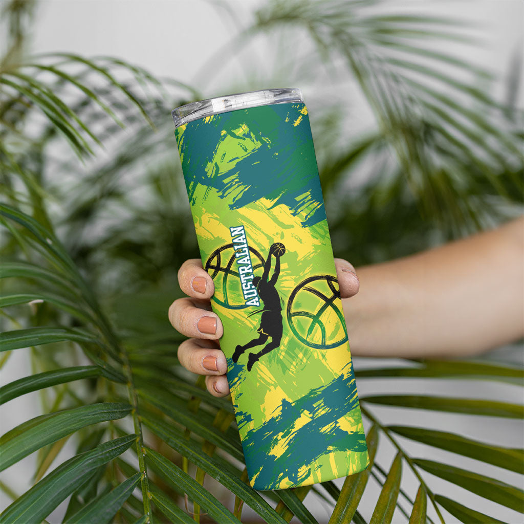 Australian Boomers Basketball Skinny Tumbler Shattered Glass Effect With Flaming Ball And Grunge Brushstrokes